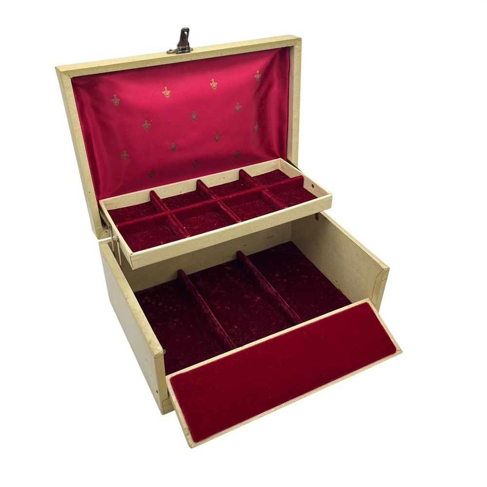 Vintage Cream Faux‎ Leather Jewelry Box Red Velvet Lining Gold Floral Latch